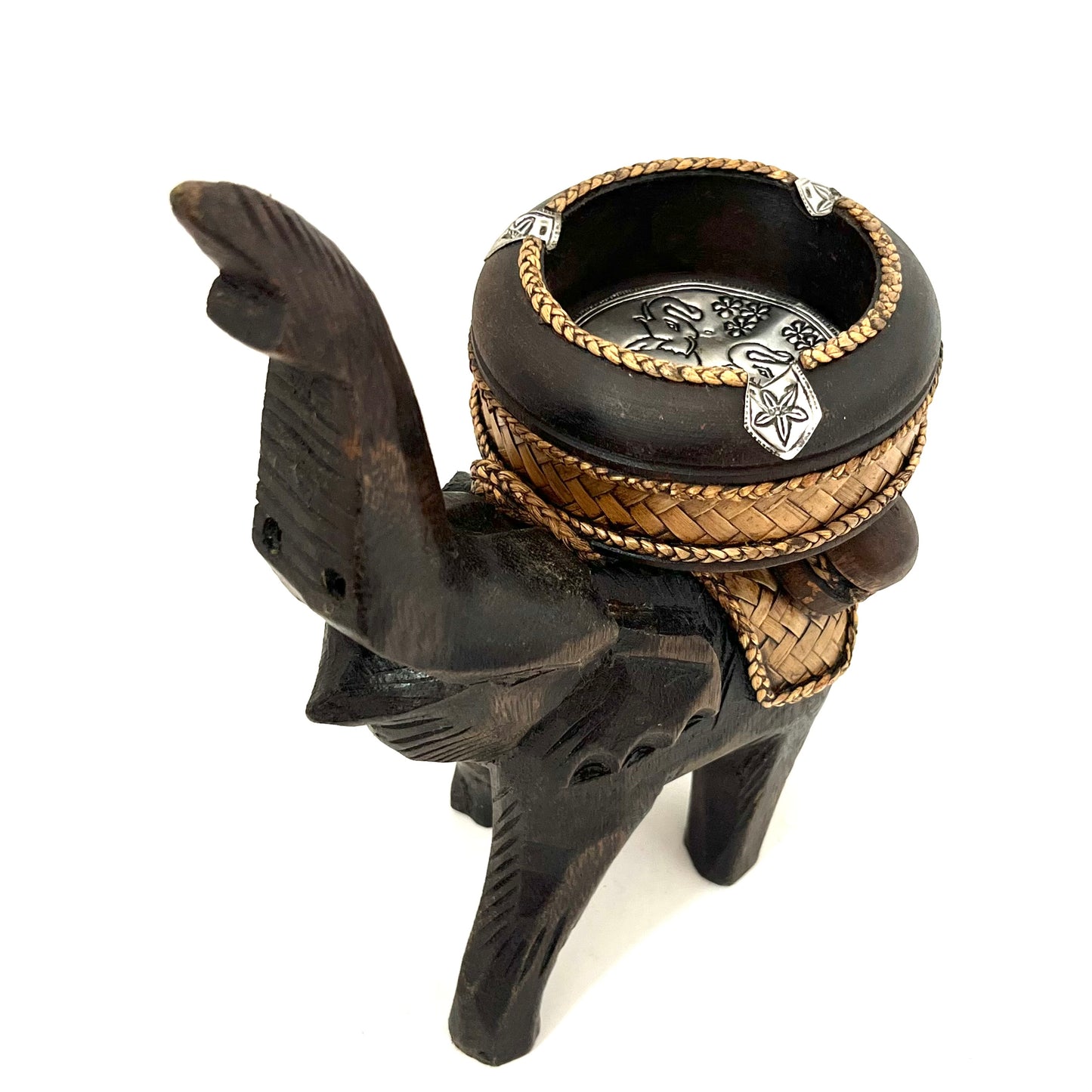 ゾウ木彫りラウンド灰皿 ハンドメイド スタンドアップ