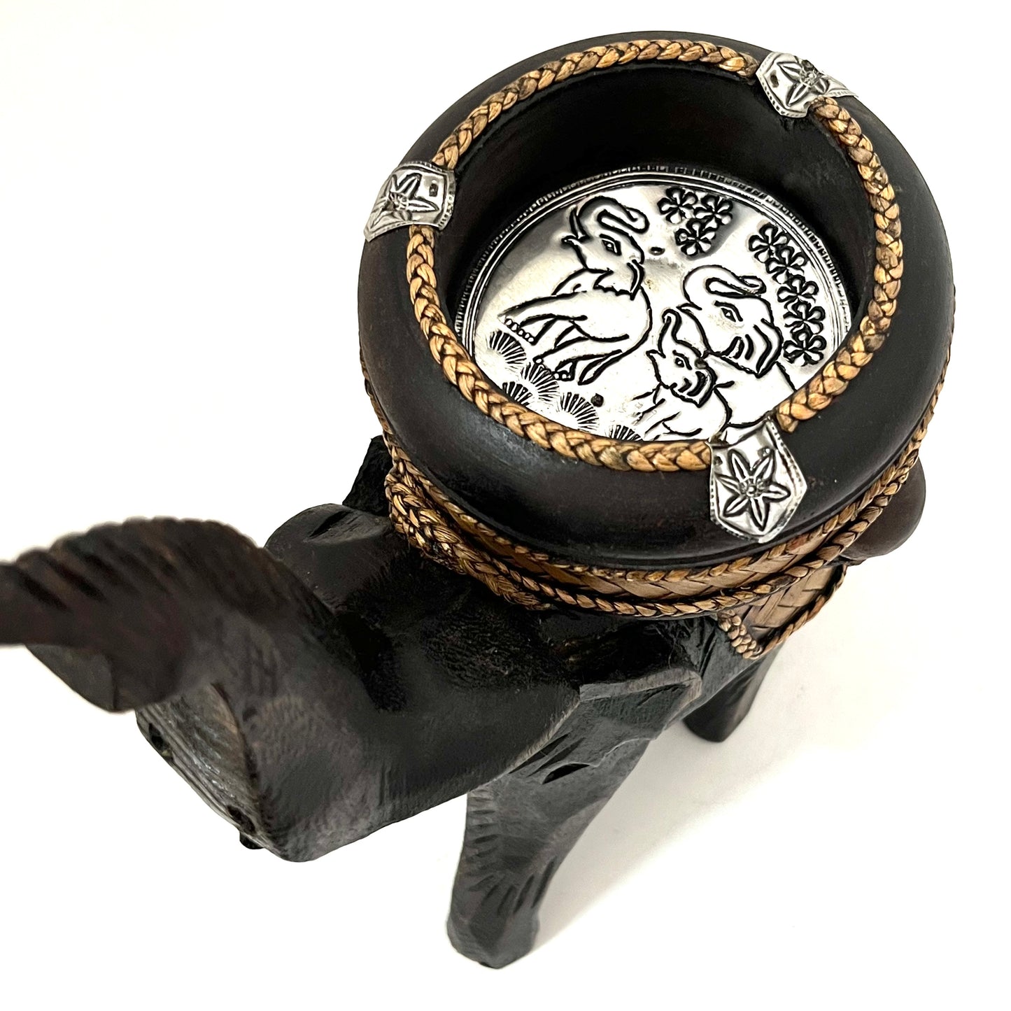 ゾウ木彫りラウンド灰皿 ハンドメイド スタンドアップ