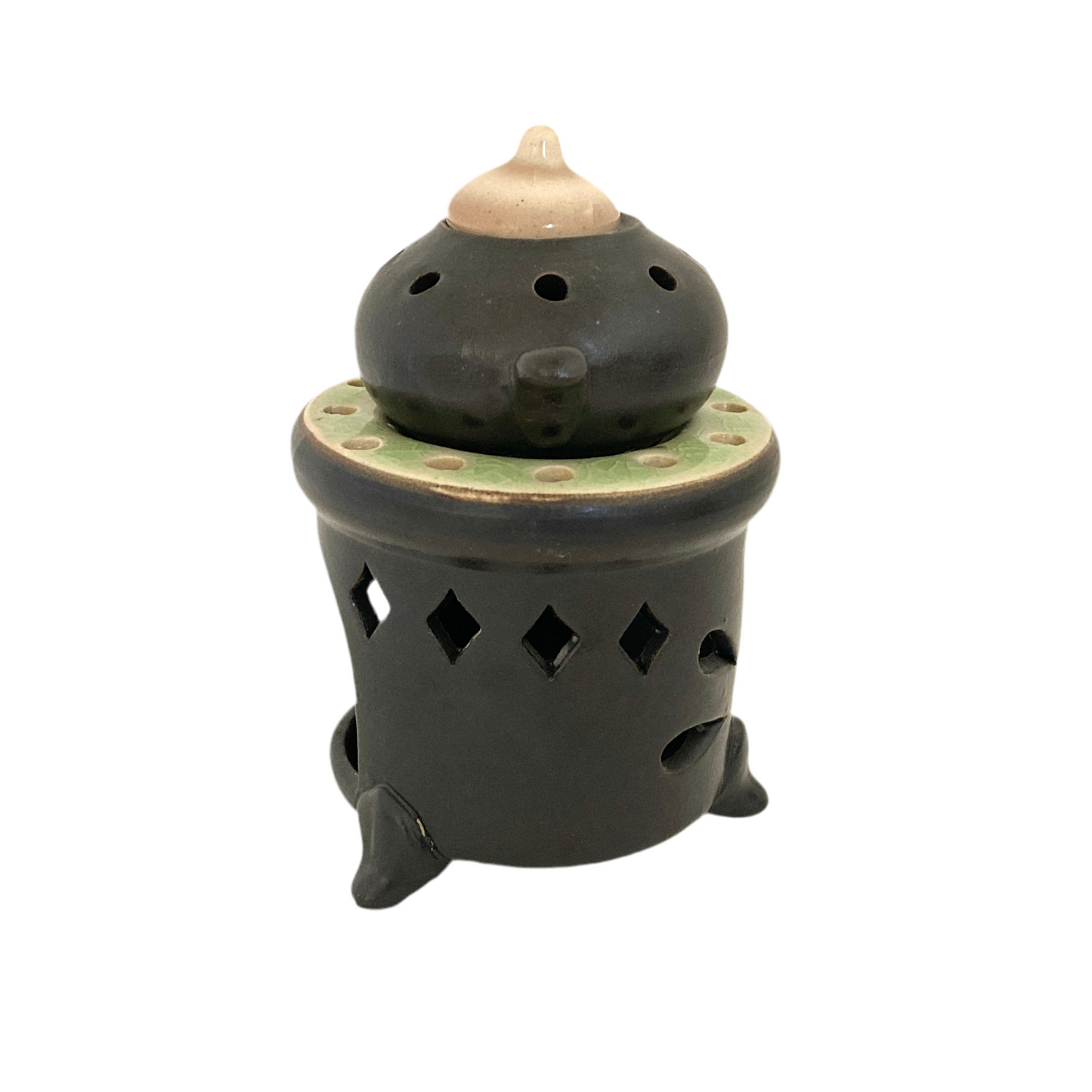 お香炉 ベトナム陶器 ブラック×翡翠色