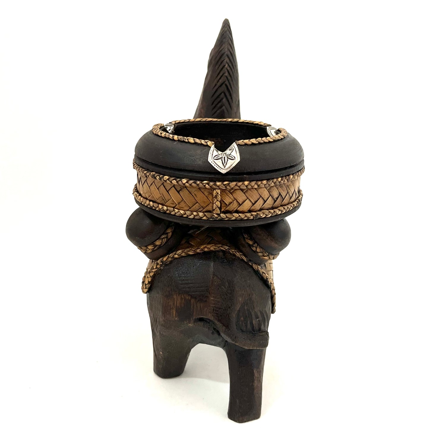 ゾウ木彫りラウンド灰皿 ハンドメイド スタンドアップ