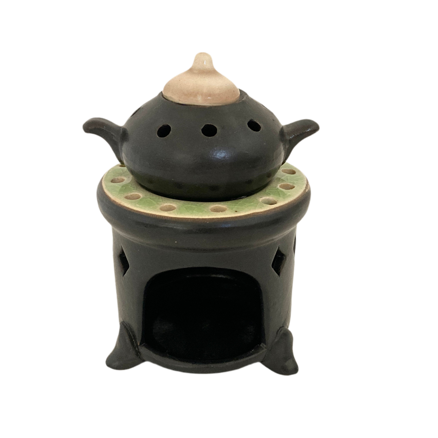 お香炉 ベトナム陶器 ブラック×翡翠色