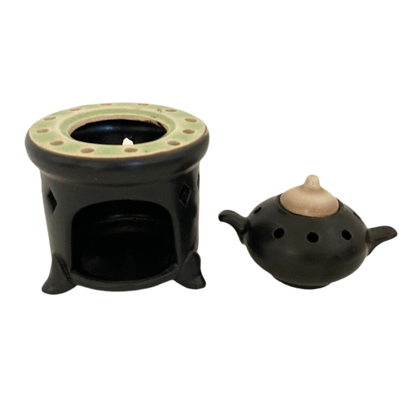 お香炉 ベトナム陶器 ブラック×翡翠色