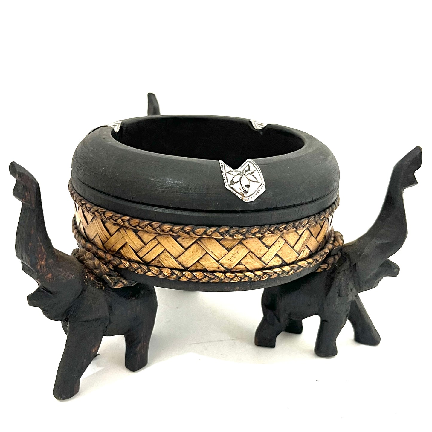 ゾウの木彫りラウンド灰皿 ハンドメイド 3頭