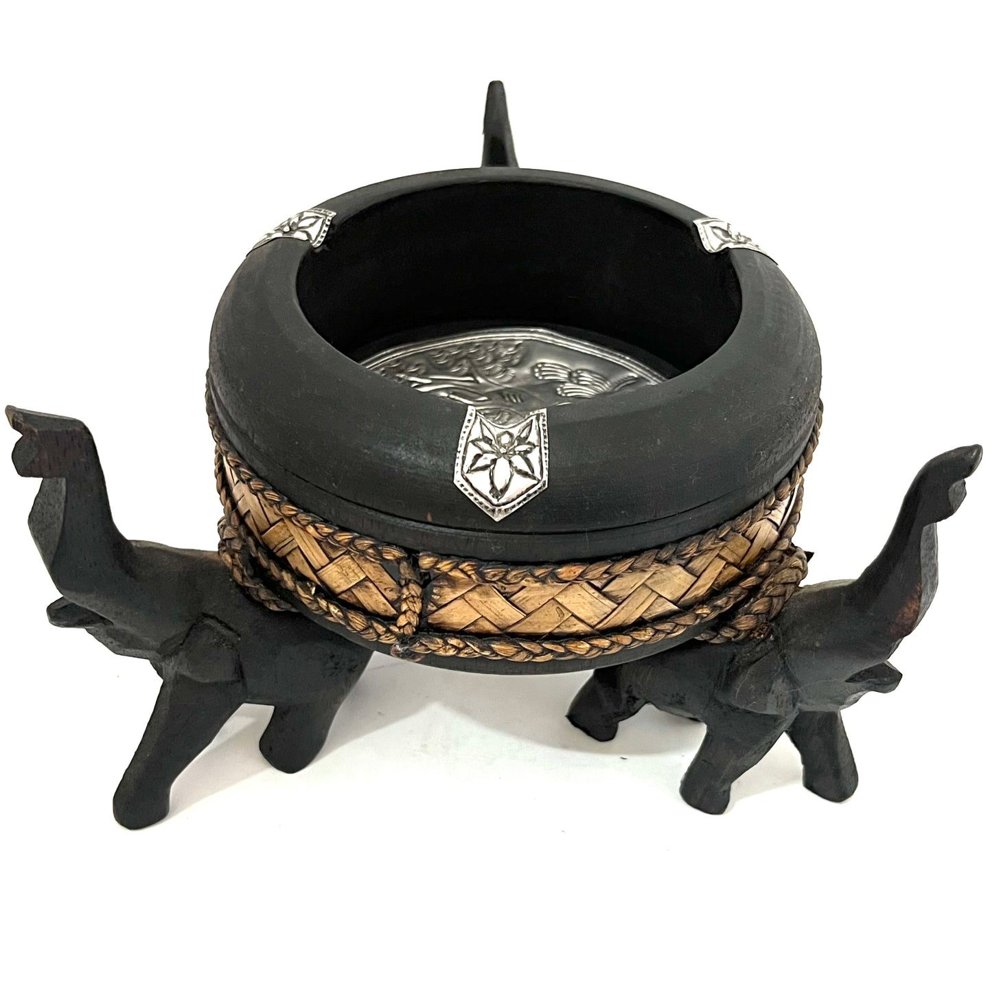 ゾウの木彫りラウンド灰皿 ハンドメイド 3頭