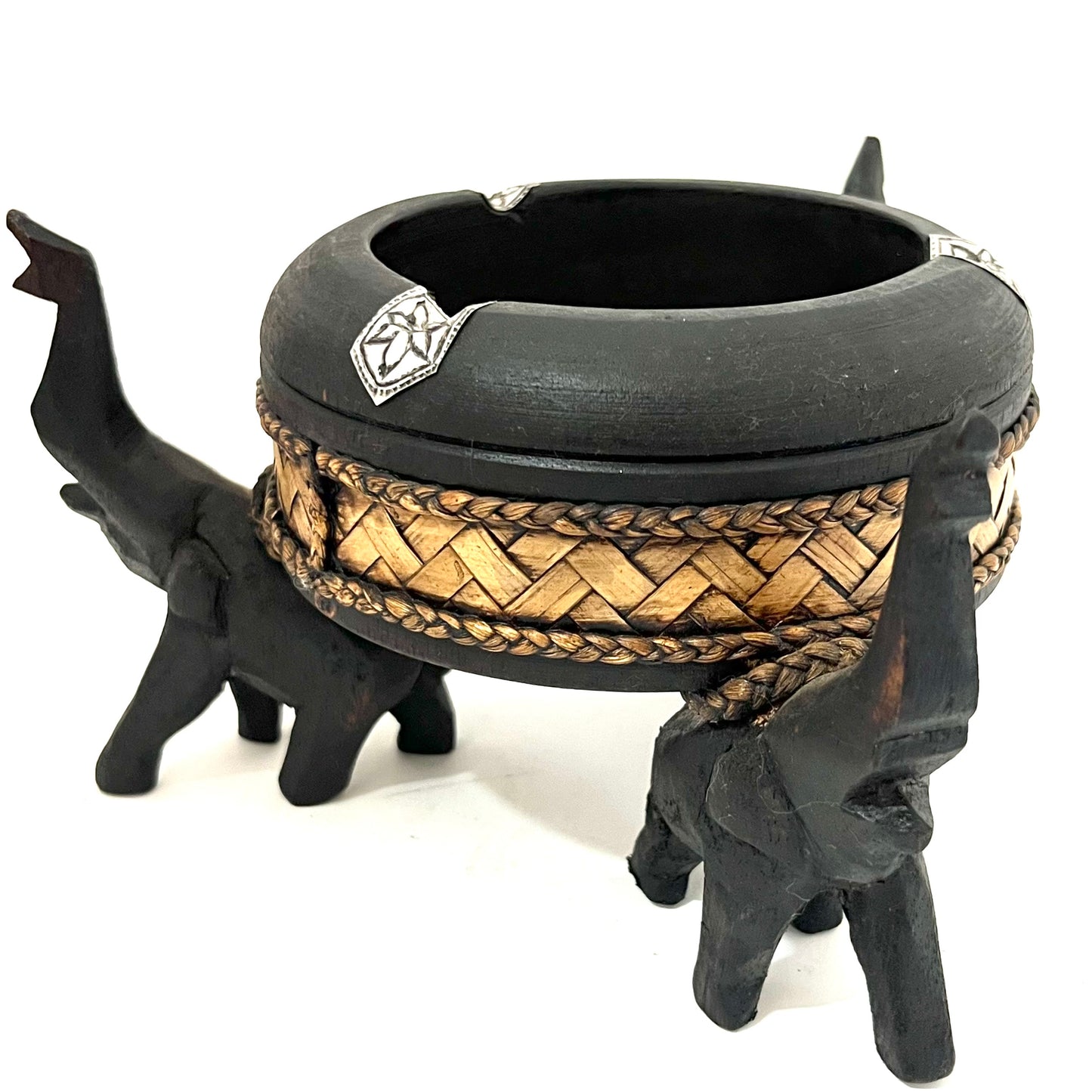 ゾウの木彫りラウンド灰皿 ハンドメイド 3頭