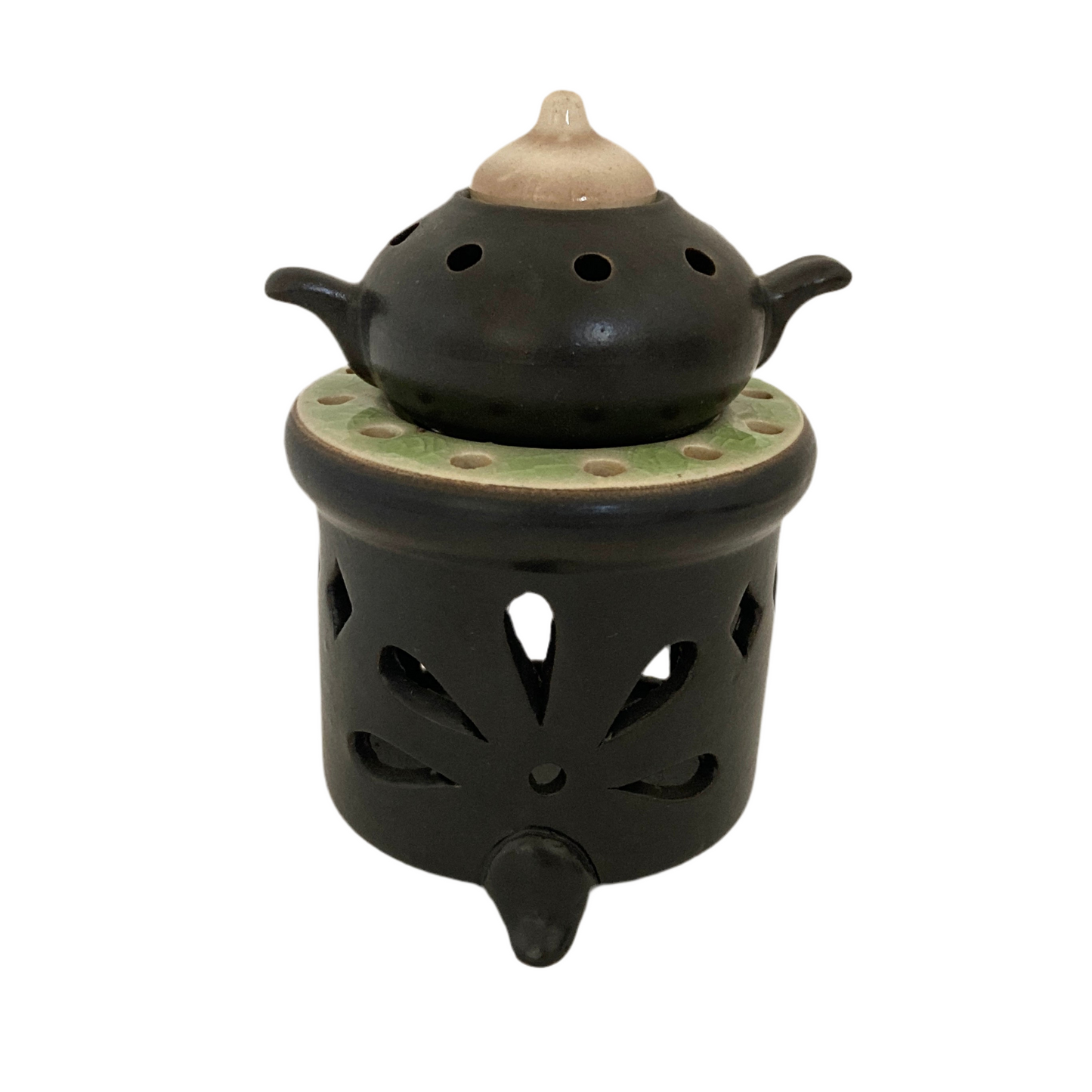 お香炉 ベトナム陶器 ブラック×翡翠色