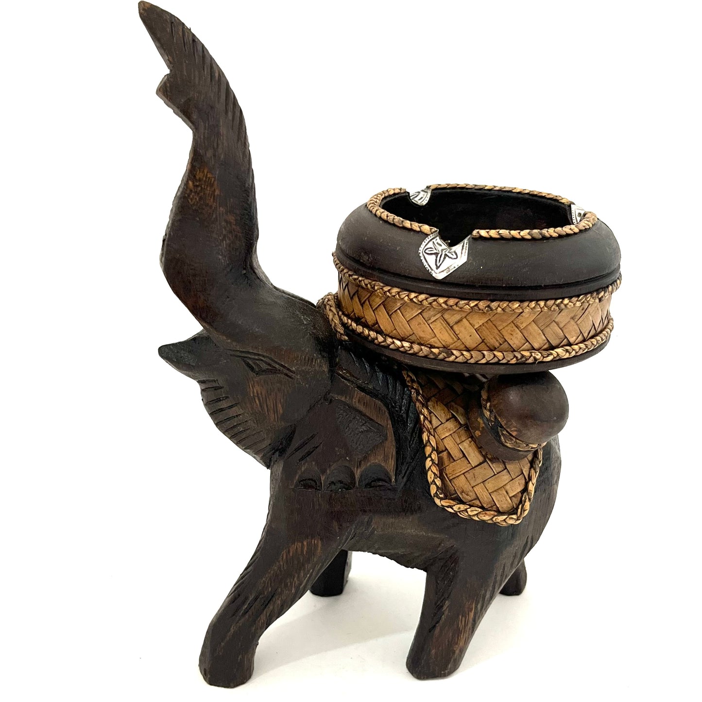 ゾウ木彫りラウンド灰皿 ハンドメイド スタンドアップ