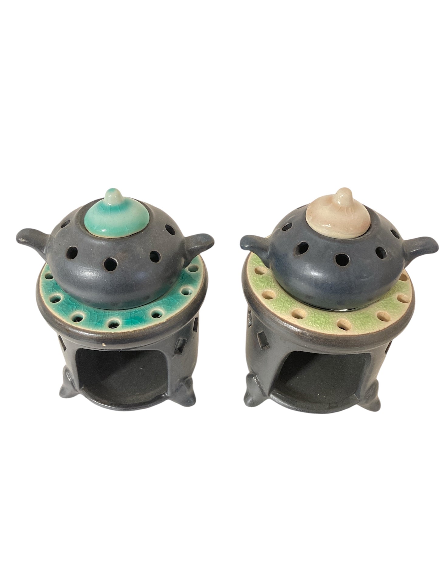 お香炉 ベトナム陶器 ブラック×翡翠色
