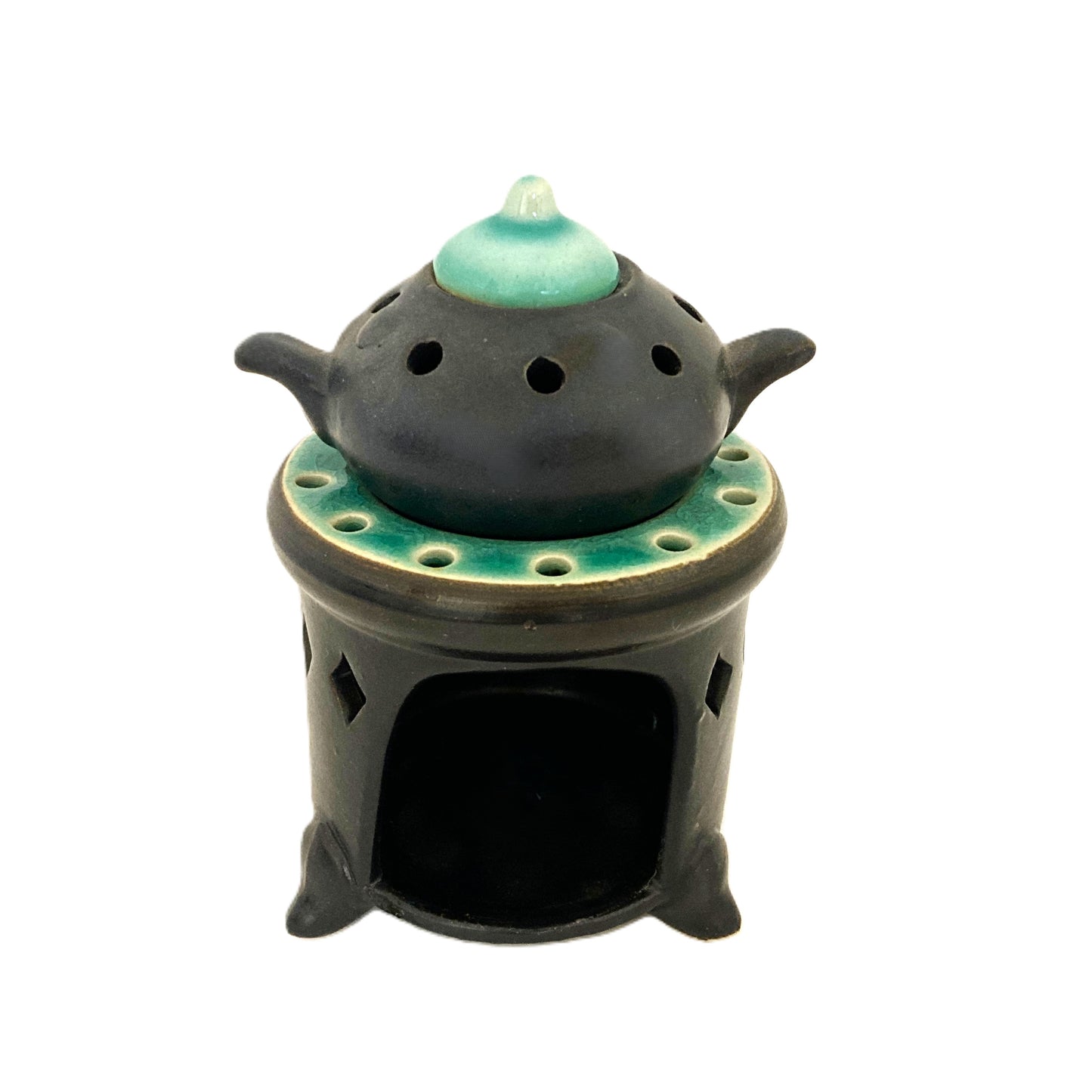 お香炉 ベトナム陶器 ブラック×青緑色