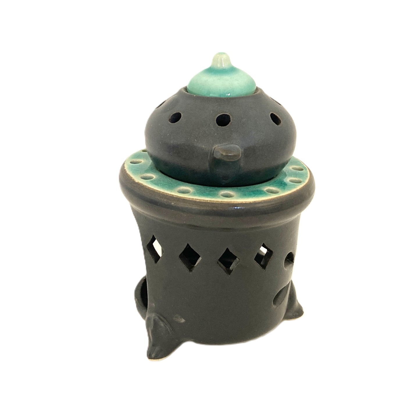 お香炉 ベトナム陶器 ブラック×青緑色
