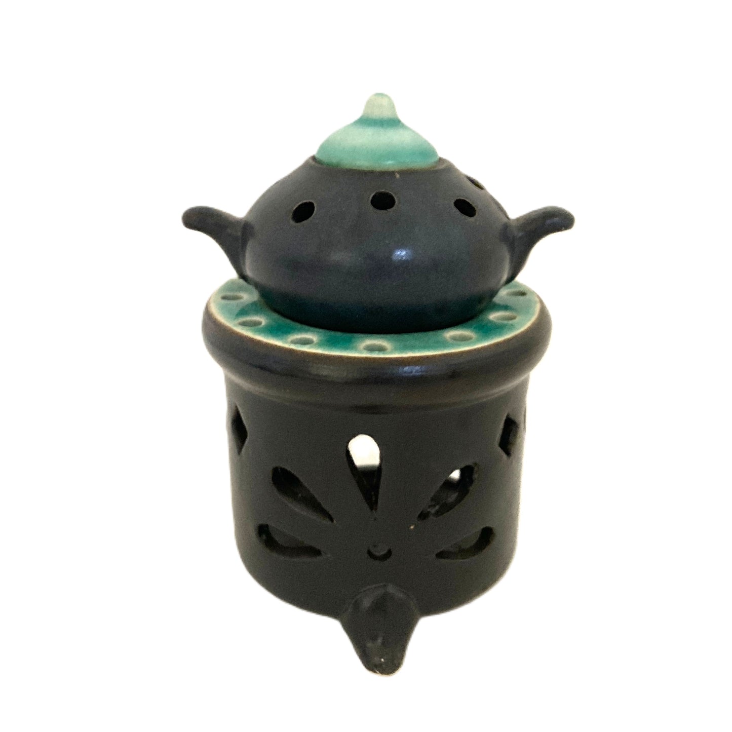 お香炉 ベトナム陶器 ブラック×青緑色