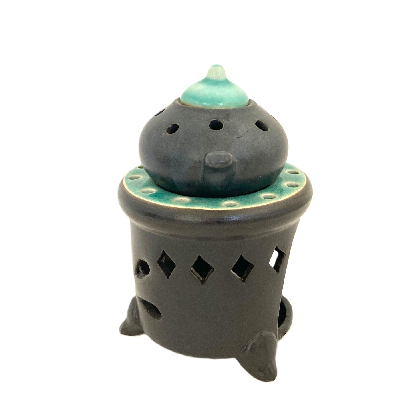 お香炉 ベトナム陶器 ブラック×青緑色