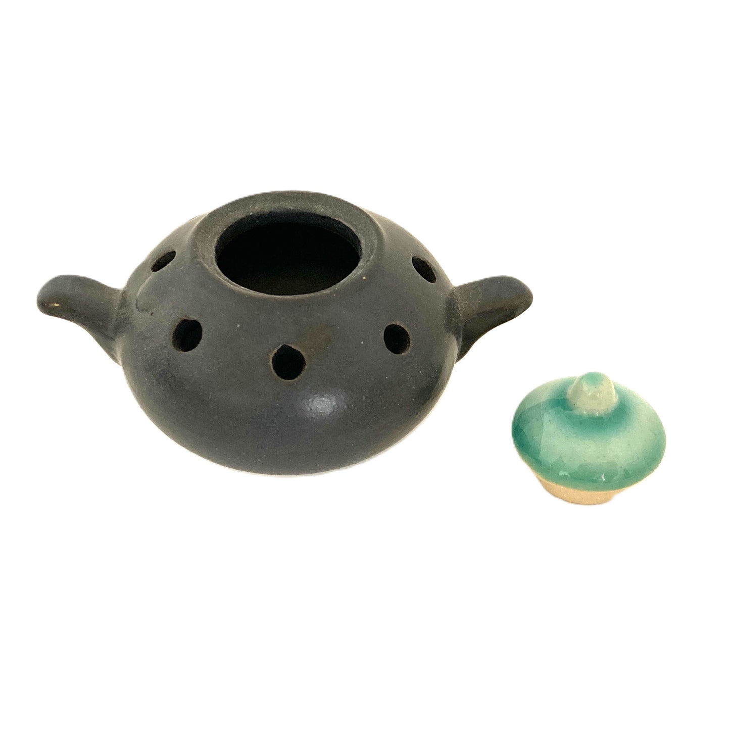 お香炉 ベトナム陶器 ブラック×青緑色