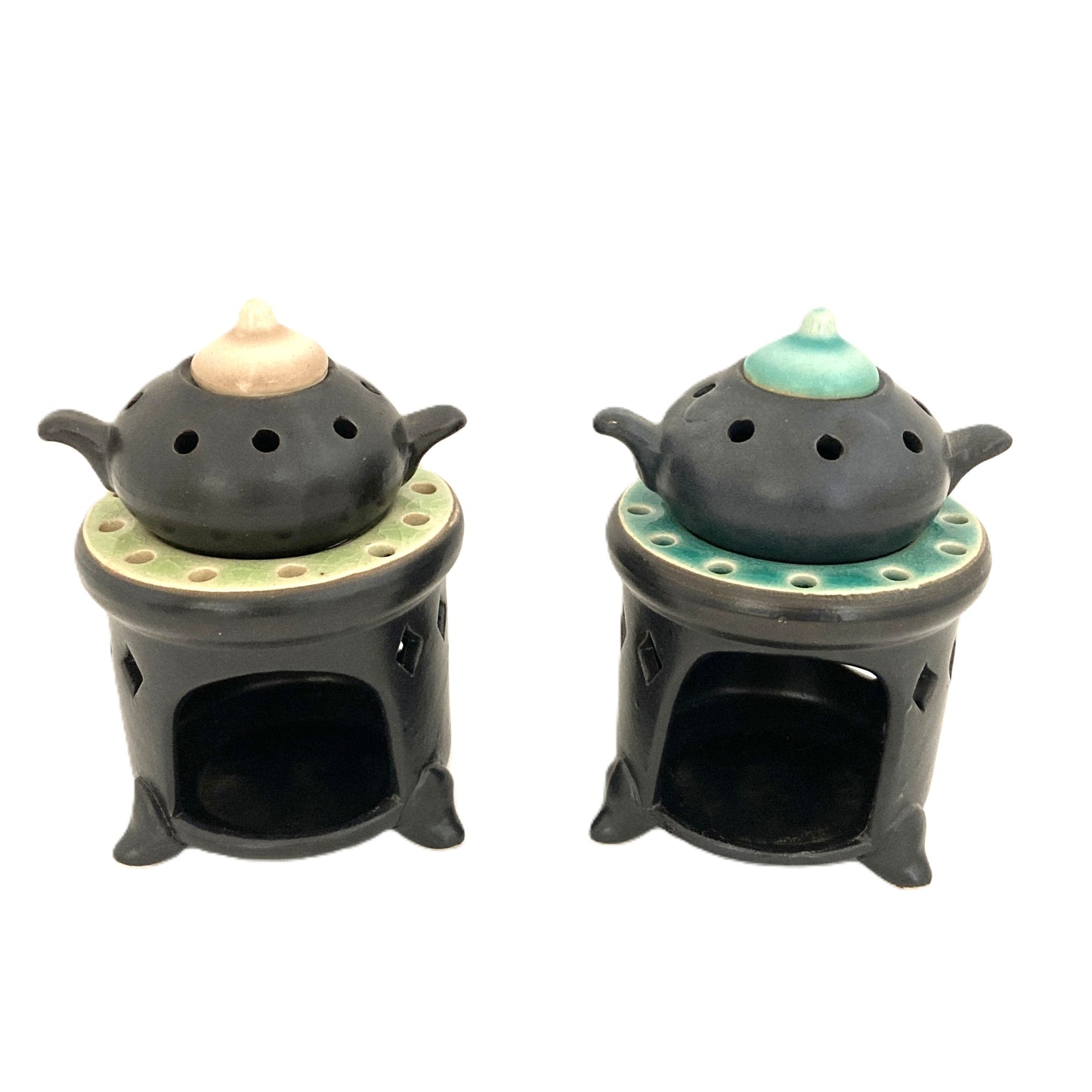 お香炉 ベトナム陶器 ブラック×青緑色