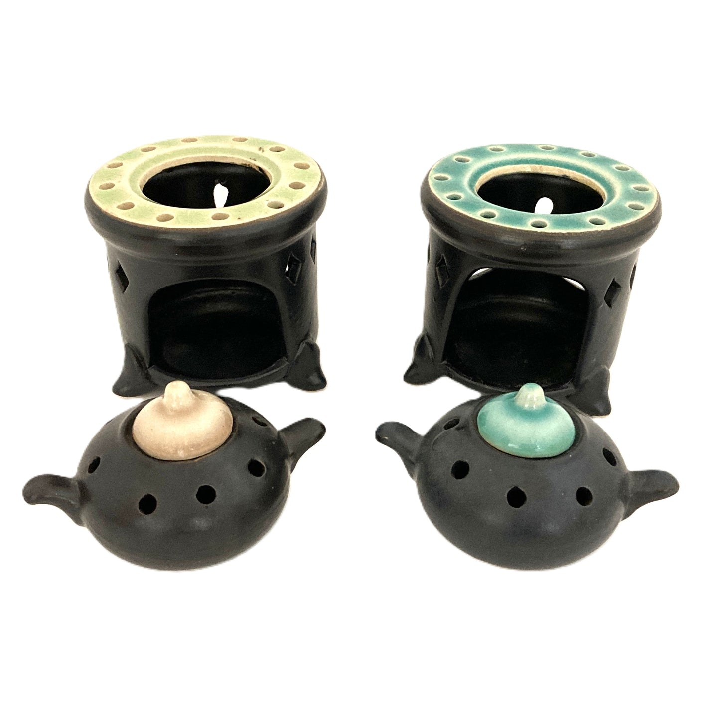 お香炉 ベトナム陶器 ブラック×青緑色