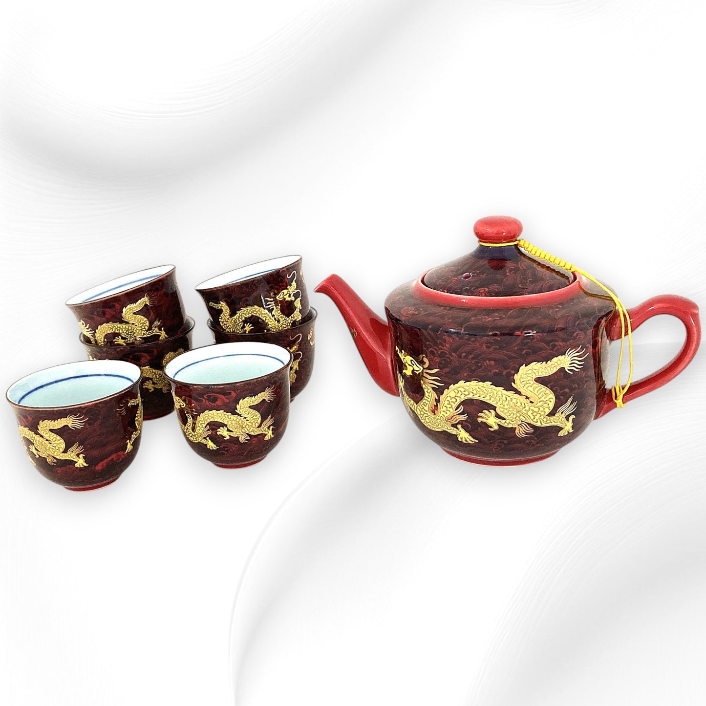 ドラゴンのティーカップポットセット レッド アジアン陶器