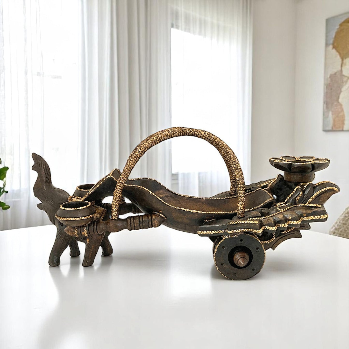 ゾウ木彫りワインラック ハンドメイド フラワー車