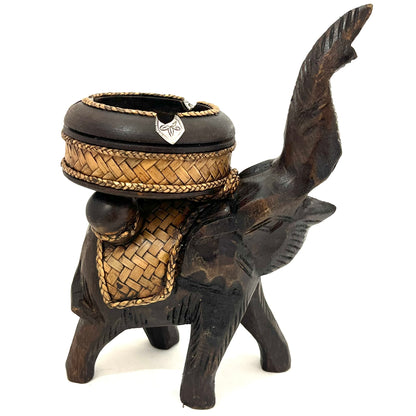 ゾウ木彫りラウンド灰皿　ハンドメイド　スタンドアップ