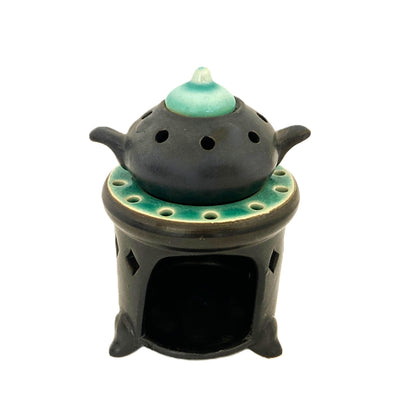 お香炉　ベトナム陶器　ブラック×青緑色　