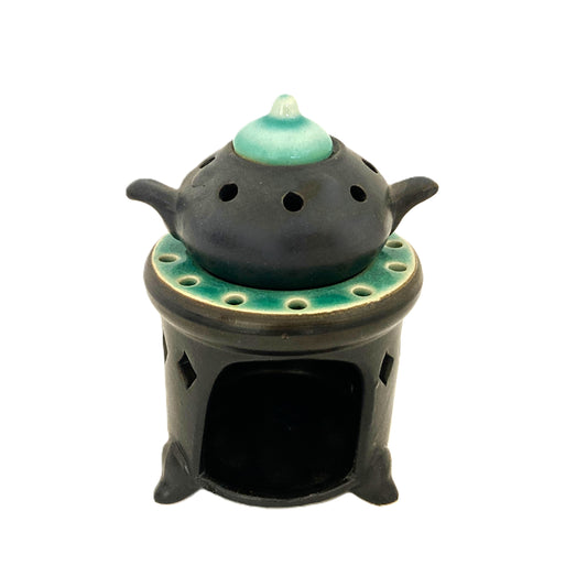 お香炉　ベトナム陶器　ブラック×青緑色　