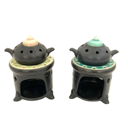 お香炉　ベトナム陶器　ブラック×青緑色　