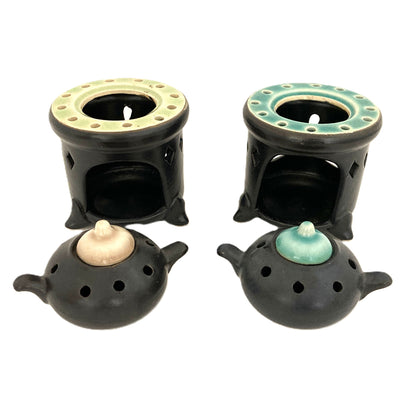 お香炉　ベトナム陶器　ブラック×青緑色　