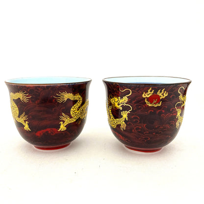 ドラゴンのティーカップポットセット　レッド　アジアン陶器