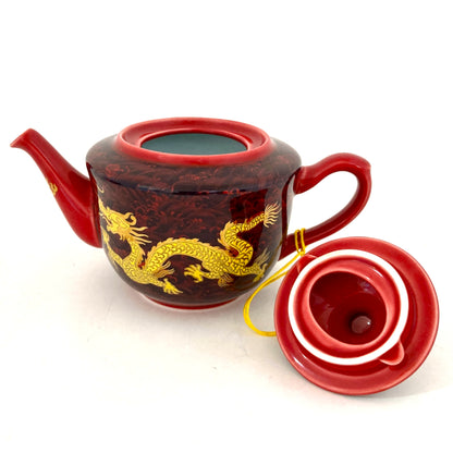 ドラゴンのティーカップポットセット　レッド　アジアン陶器