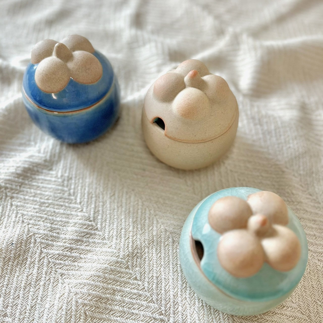 セラドン焼き　マンゴスチンのシュガーポット　調味料入れ　タイ陶器　3カラー