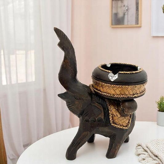 ゾウ木彫りラウンド灰皿　ハンドメイド　スタンドアップ