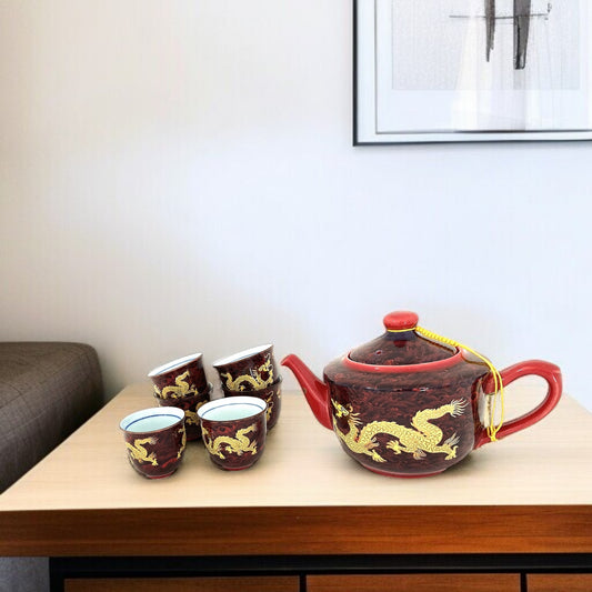 ドラゴンのティーカップポットセット　レッド　アジアン陶器