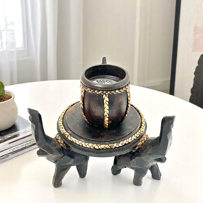 ゾウ木彫りキャンドルホルダー　ハンドメイド　