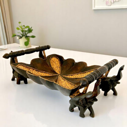 ゾウ木彫りオブジェクト(大)　ハンドメイド　トレー