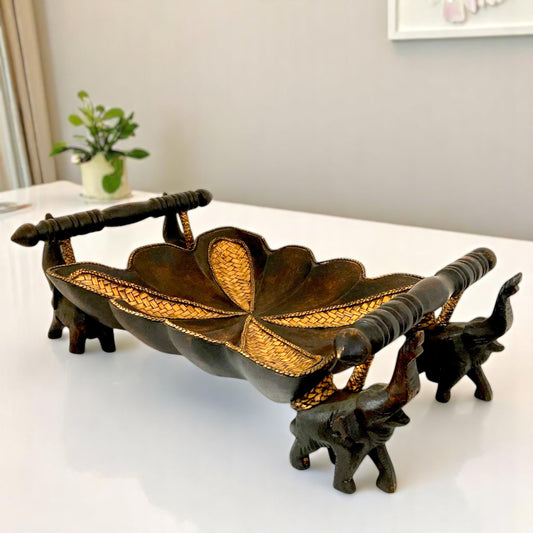 ゾウ木彫りオブジェクト(大)　ハンドメイド　トレー